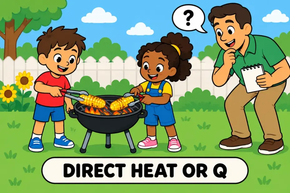 Cartoon children cook corn on a bright grill while a curious adult asks them questions, showing grill in a sentence in both senses.