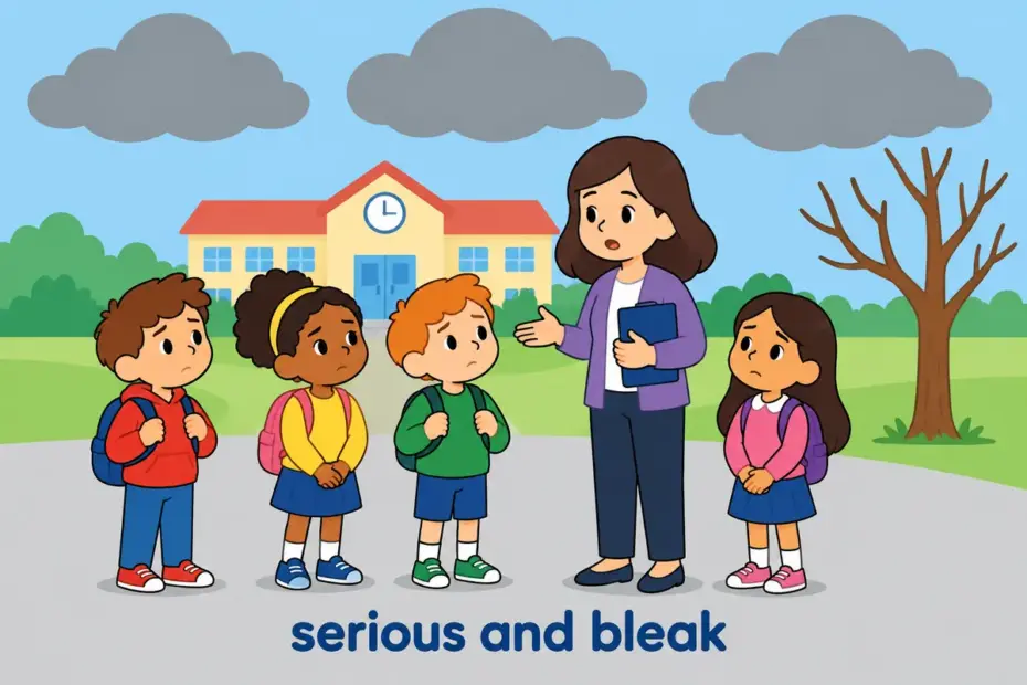 Cartoon children stand quietly under heavy grey clouds while a teacher gives serious news, showing grim in a sentence.