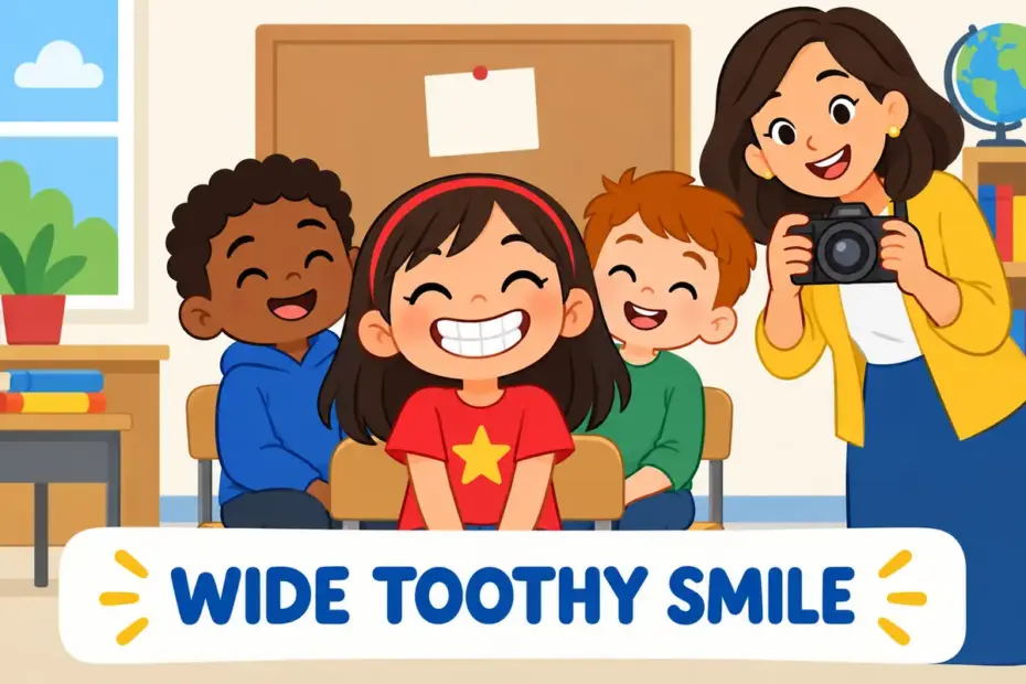 Cartoon children show a wide toothy grin for a class photo, illustrating grin in a sentence as a broad happy smile.