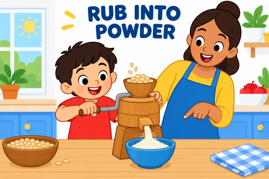 A cartoon child turns a hand mill and pale grains fall as powder, showing grind in a sentence.