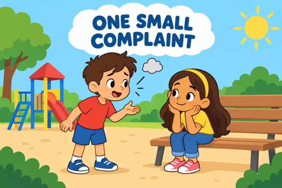 A cartoon child talks to a friend with a small speech bubble, showing gripe in a sentence as a minor complaint.