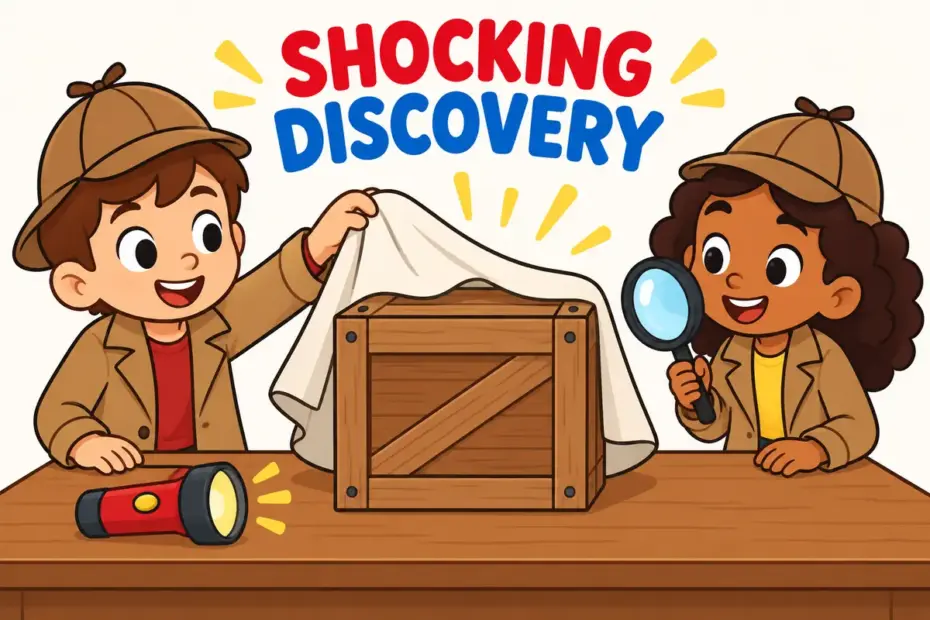Cartoon detectives lift a cloth from a closed box and step back, showing grisly in a sentence as a shocking discovery.