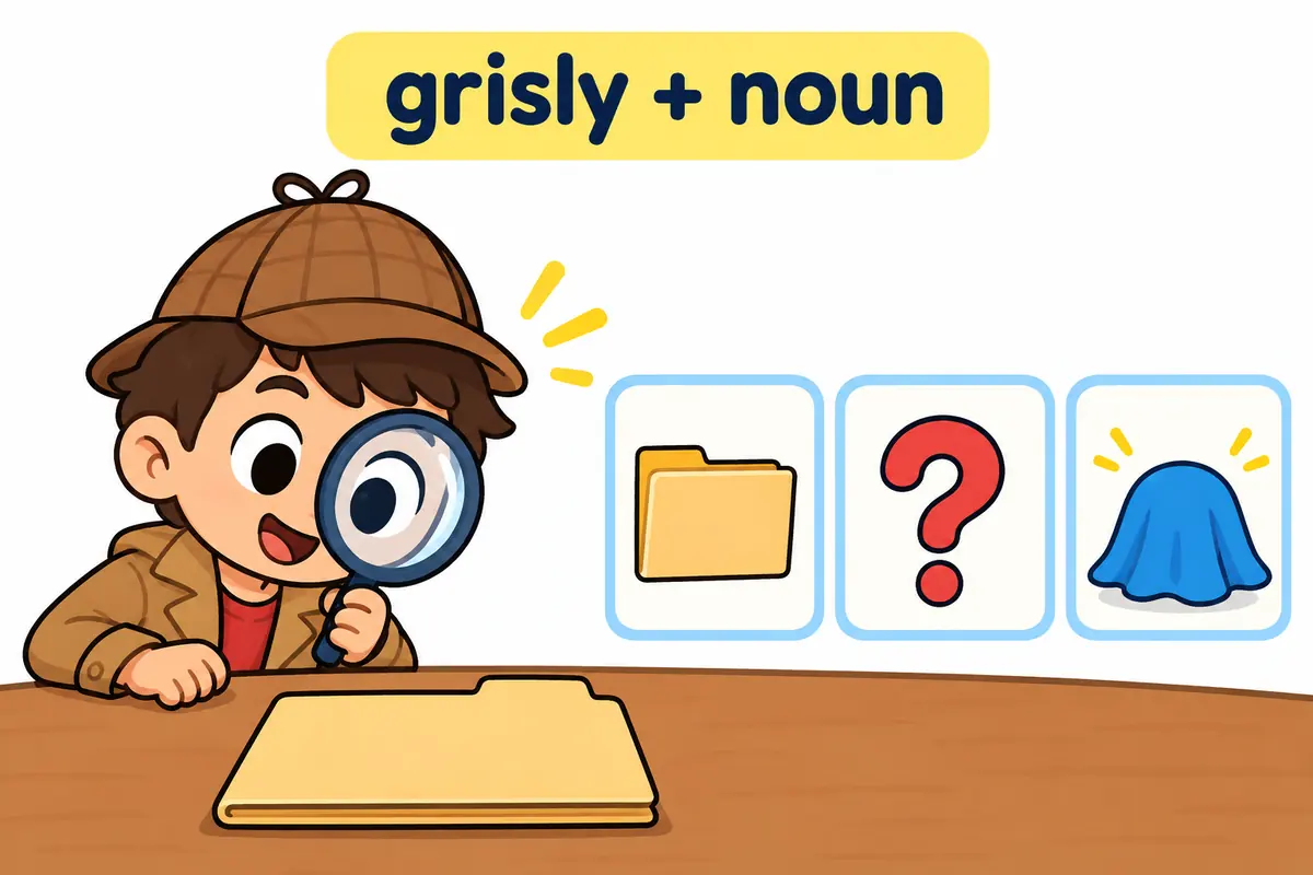 Cartoon magnifying glasses hover over a closed folder and a covered shape, showing grisly placed before a noun.