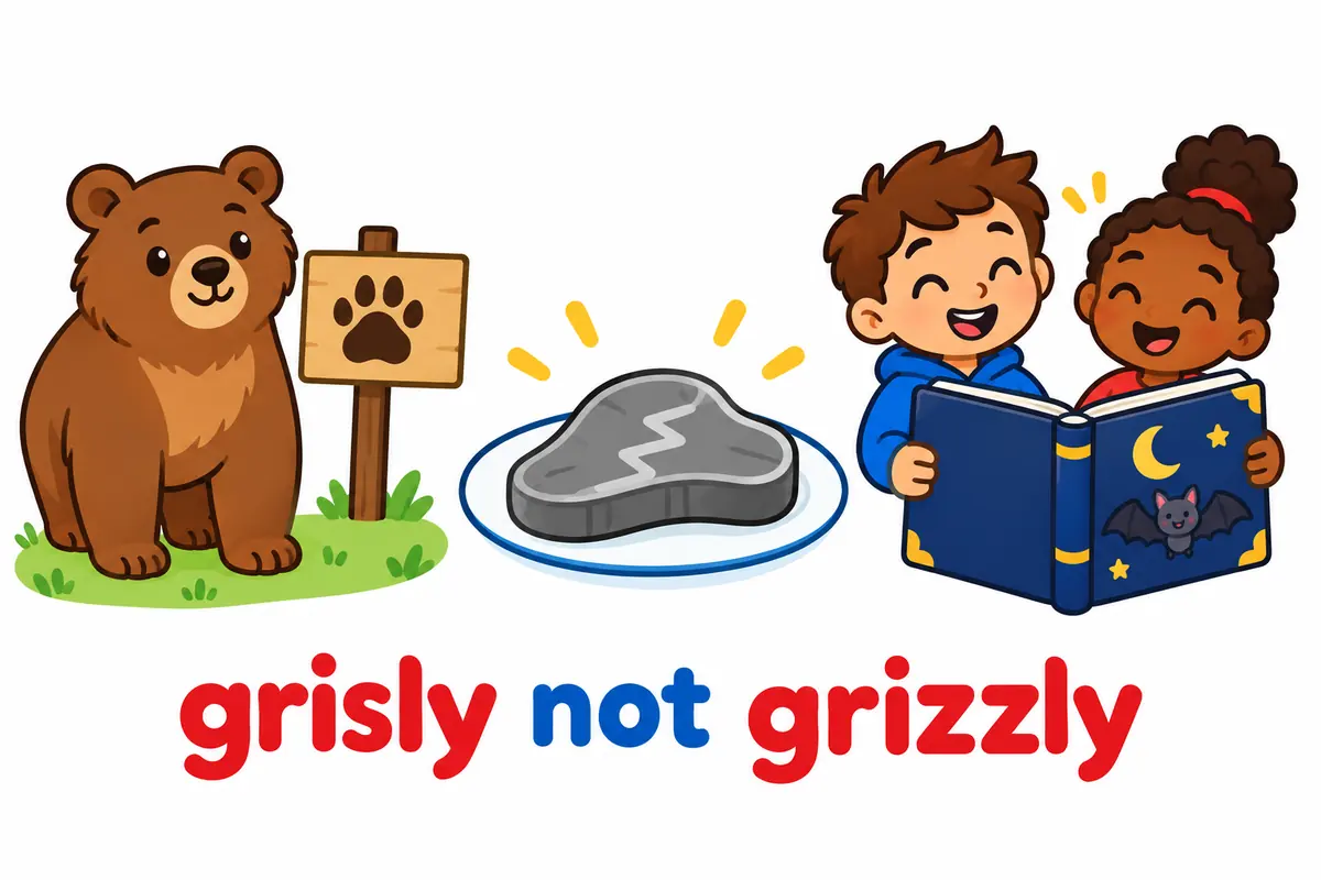 A cartoon bear stands beside a plate of tough meat and a scary storybook, contrasting grizzly, gristly and grisly.
