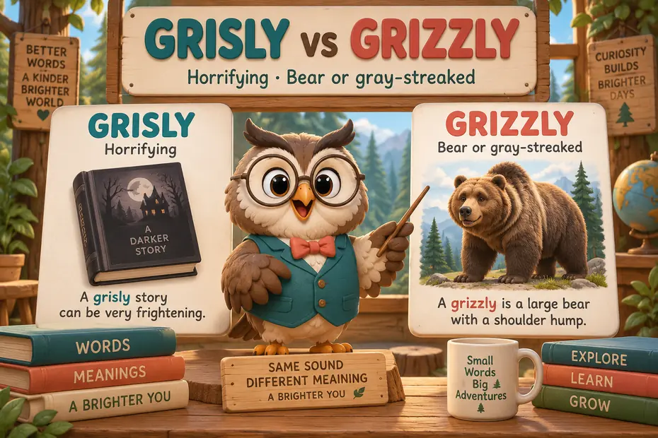 Grisly means horrifying; grizzly names a bear or gray-streaked appearance