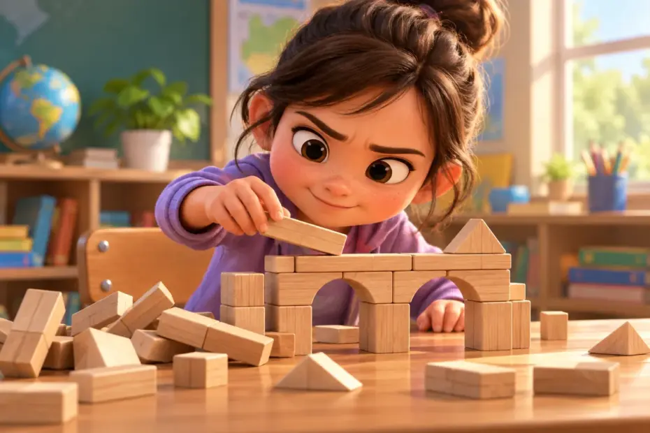 A student rebuilds a wooden bridge after the blocks fall.