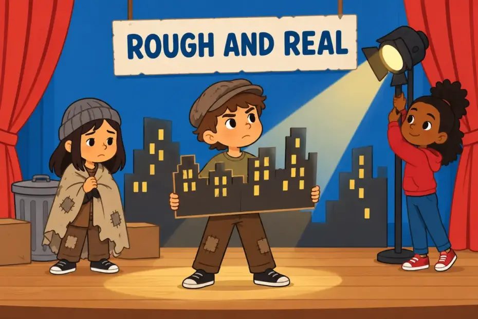 Cartoon pupils act a serious street scene on a stage, illustrating gritty in a sentence as harsh, realistic storytelling.
