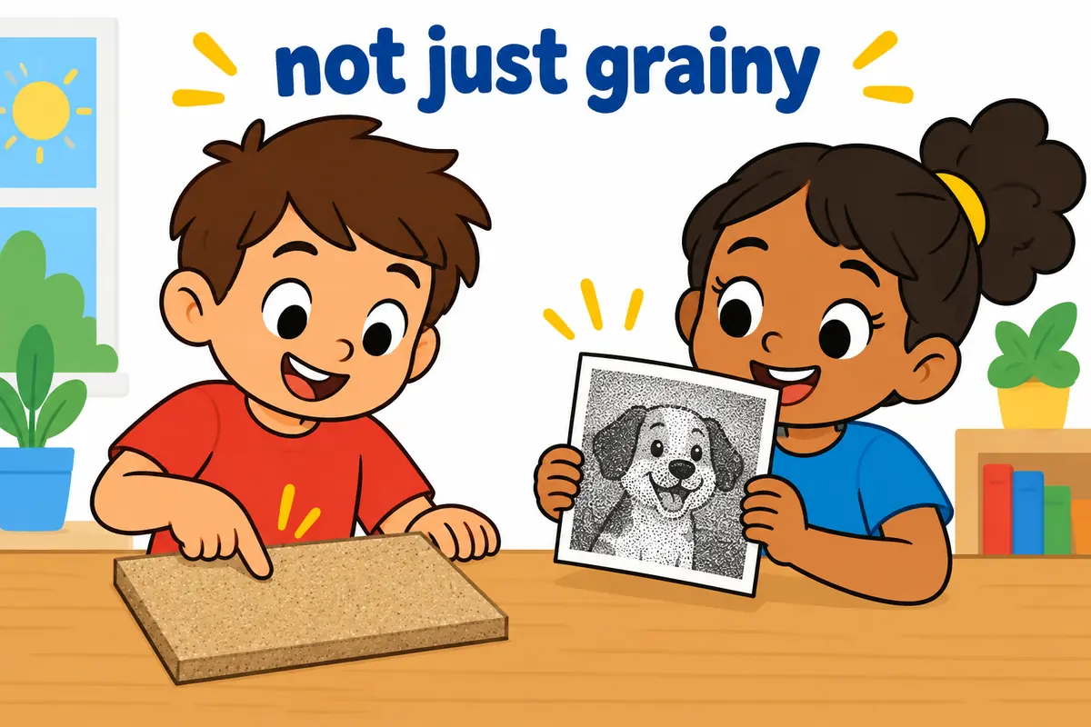 A cartoon single scene contrasts a sandy gritty surface with a grainy photograph to show the difference.