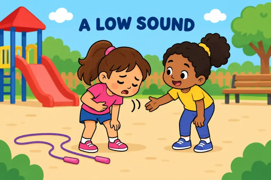 Cartoon girl bends over holding her stomach with a pained face while curved marks show a low groan in a sentence.