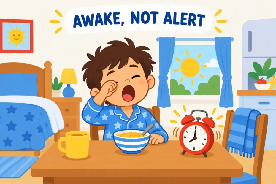 Cartoon child rubs sleepy eyes at a breakfast table with an alarm clock, showing groggy in a sentence as a waking daze.