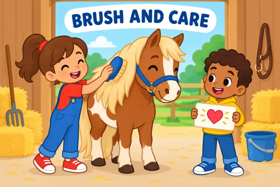 A cartoon child brushes a friendly pony while another child practises a speech, showing groom in a sentence as care or preparation.