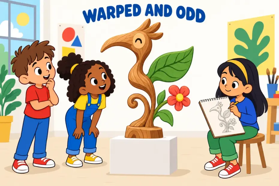 Cartoon children study a strangely twisted sculpture mixing bird and flower shapes, showing grotesque in a sentence as distortion.