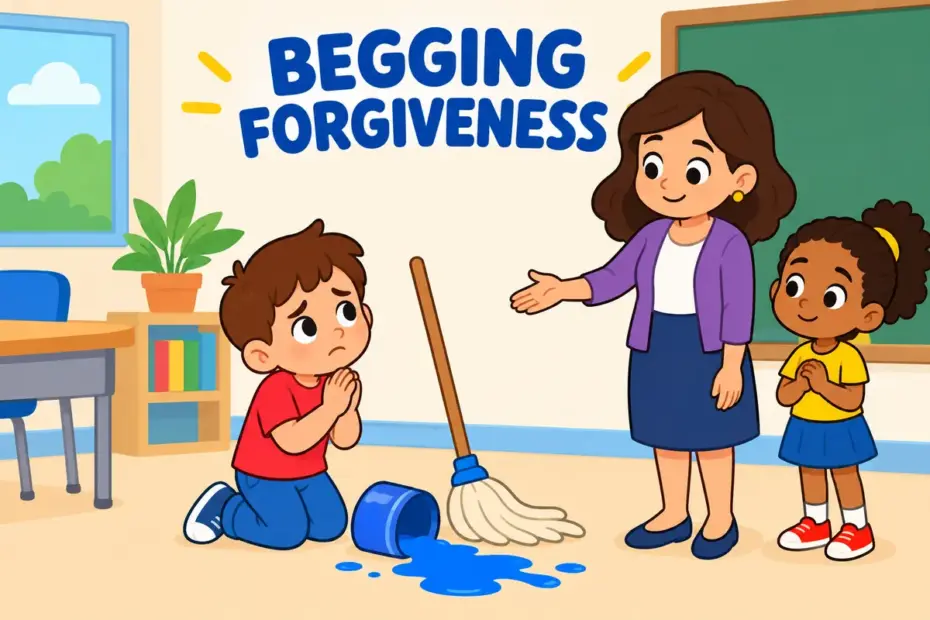 Cartoon child kneels beside a spilled paint pot, illustrating grovel in a sentence as humbling oneself to win forgiveness.