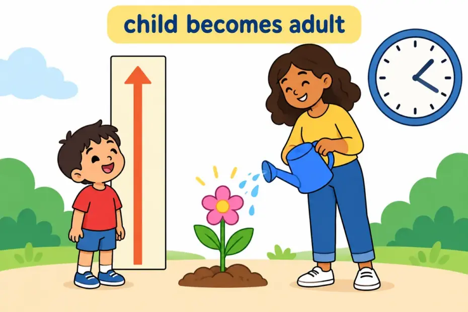 Cartoon child beside a growth chart and a tall adult, showing grow up in a sentence as passing into adulthood.