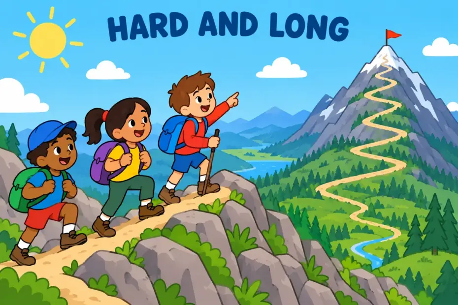 Cartoon runners push up a steep hill, showing grueling in a sentence as punishing, long-lasting effort.