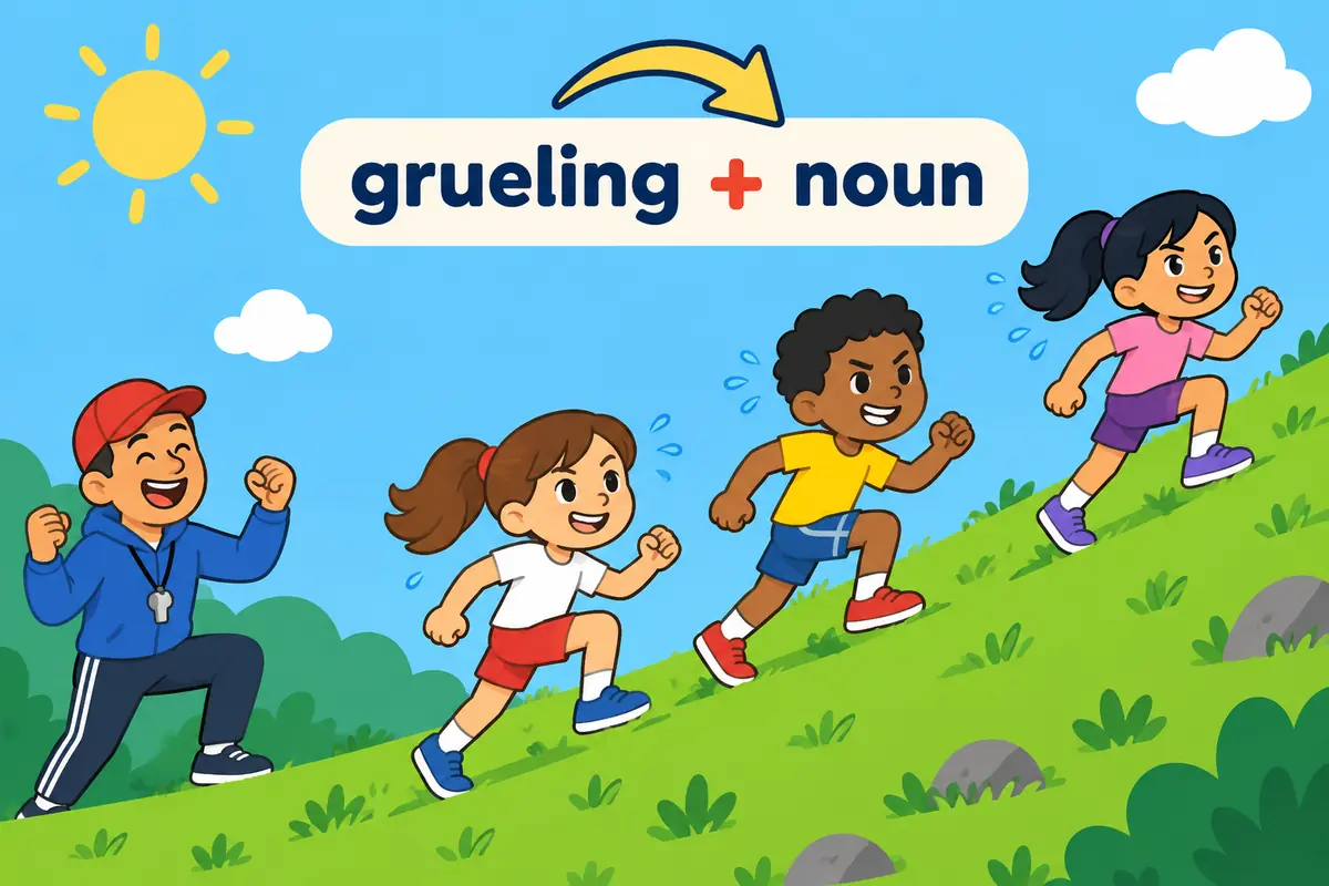 Cartoon runners climb a steep hill while a label shows grueling placed before the word climb.