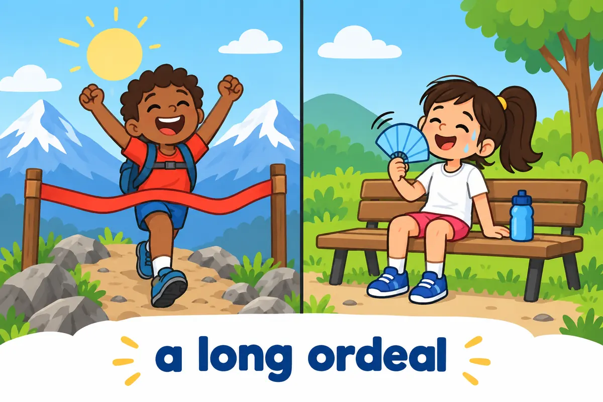 A cartoon split scene contrasts a runner finishing a long mountain race with a child tired after one short jog.