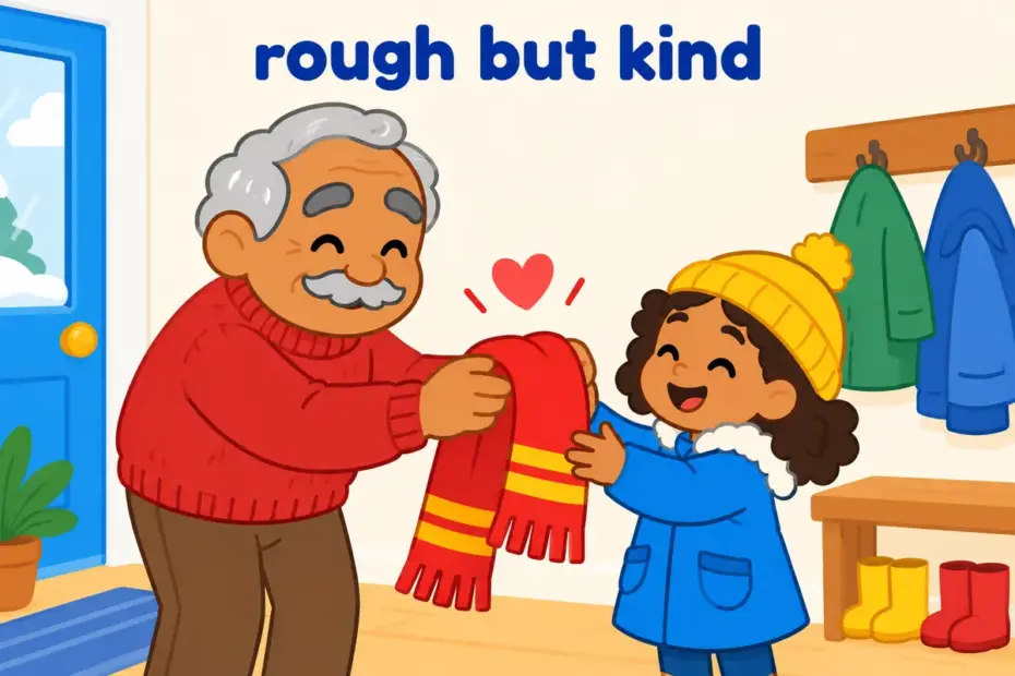 A cartoon grandparent with a deep voice and a small smile hands over a warm scarf, showing gruff in a sentence.