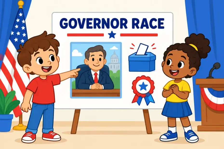 Cartoon children read a bright election board about a governor’s race, showing gubernatorial in a sentence.