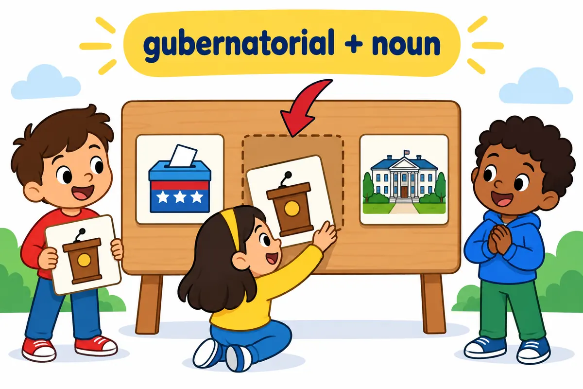 A cartoon child slots picture cards into a gap before the noun slot on a classroom board.