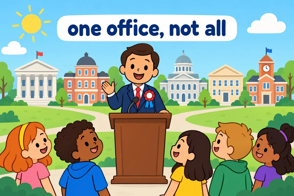 A cartoon single continuous scene contrasts a single governor at a lectern with a wide row of government buildings.