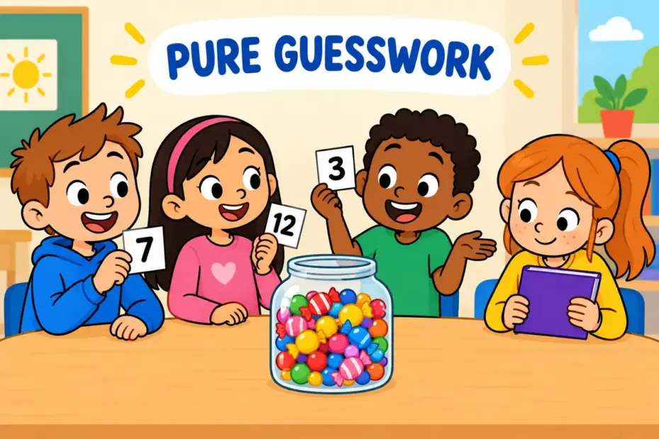 Cartoon children guess the number of sweets in a jar without counting, showing guesswork in a sentence as deciding without evidence.