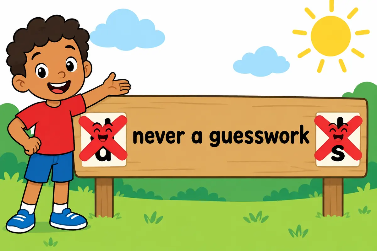 Cartoon cards place the word guesswork beside a crossed-out article and a crossed-out plural s to show it is uncountable.