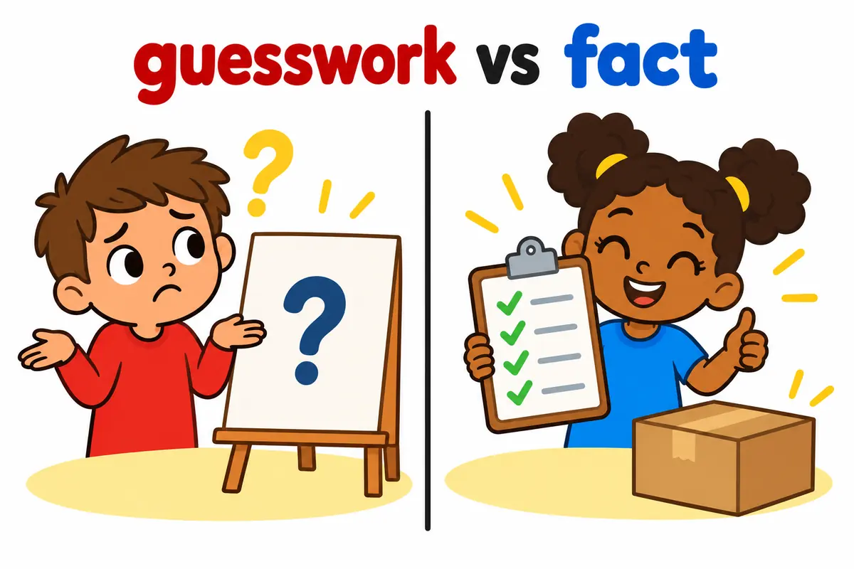 A cartoon split scene contrasts a child shrugging over a guess with a child holding a verified checklist labelled fact.