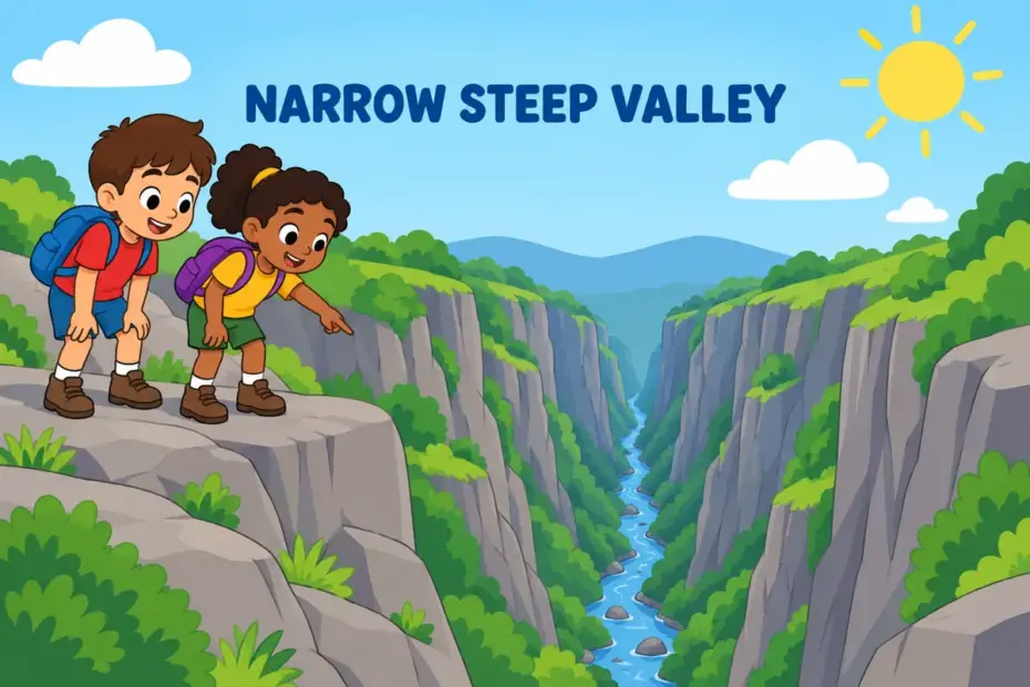 Cartoon hikers stand at the edge of a narrow steep-sided gulch, showing gulch in a sentence as a small rocky valley.