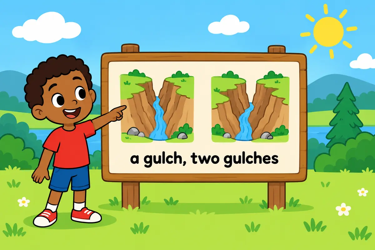 A cartoon child holds a sign showing one narrow gully and two narrow gullies side by side to teach the countable noun pattern.