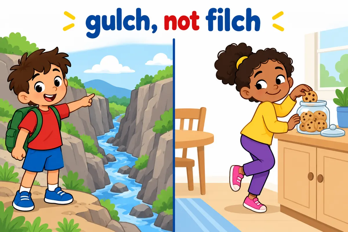 A cartoon split scene contrasts a child pointing into a narrow gulch with a cheeky child sneaking a cookie from a jar.
