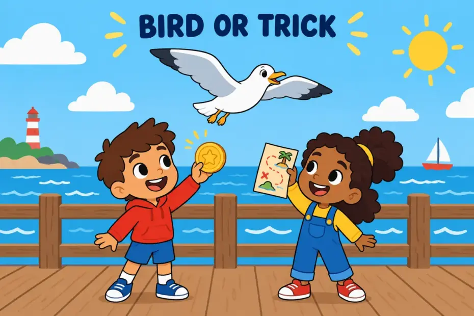 A cartoon gull glides over a pier while two children trade a coin, showing gull in a sentence.