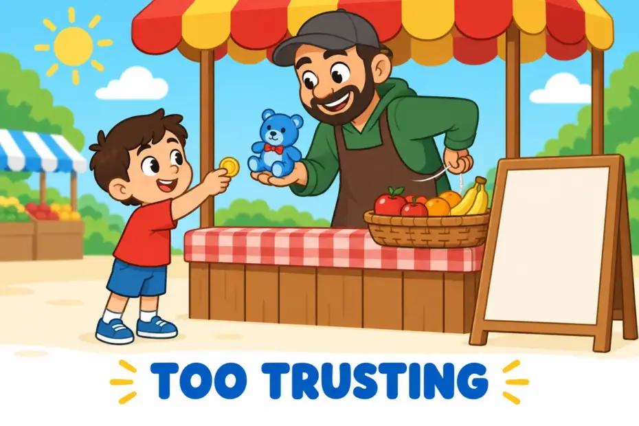 A cartoon child hands a coin to a smiling stranger holding a fake toy, showing gullible in a sentence as being easily tricked.