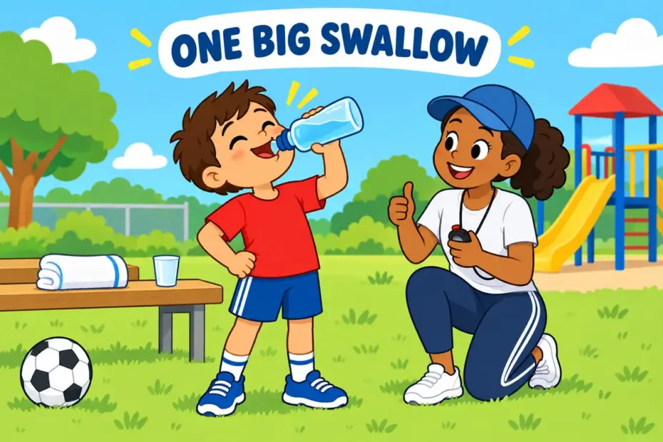 A cartoon child drains a water bottle at a fountain, showing gulp in a sentence as one big, quick swallow.