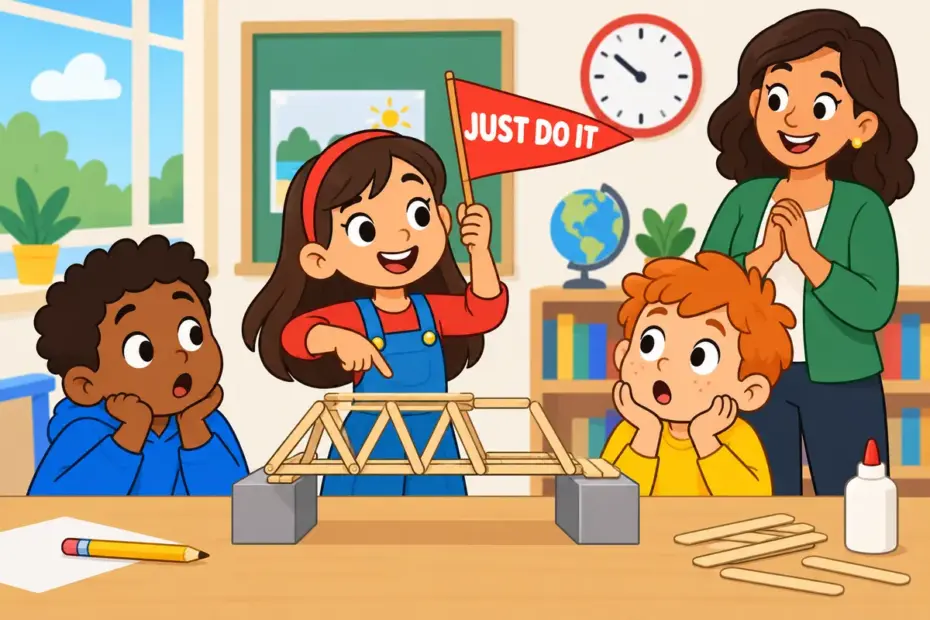 Cartoon children watch a girl raise her hand to lead a stuck class project, showing gumption in a sentence as practical courage.