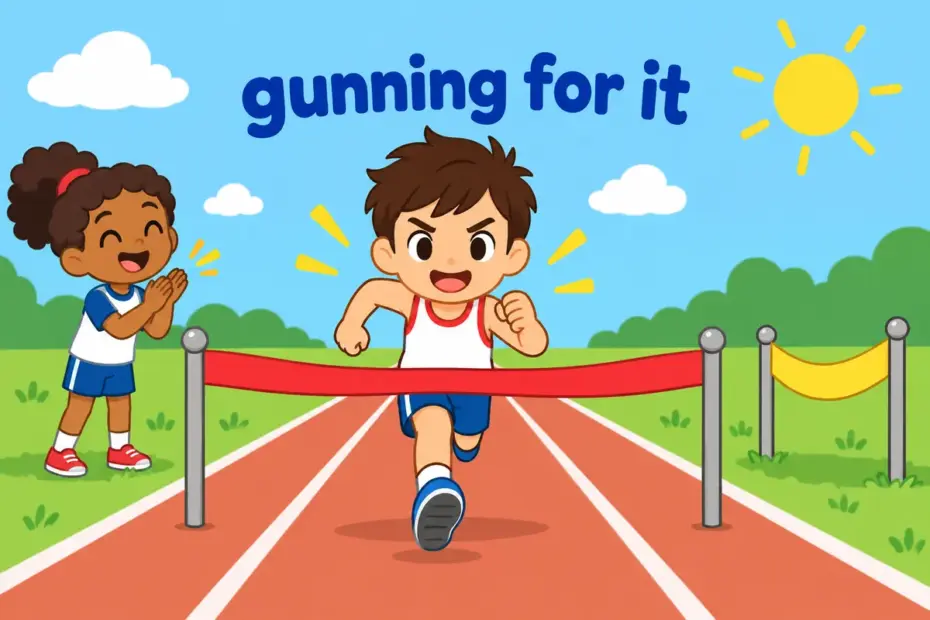 A cartoon runner sprints toward a finish ribbon while a friend cheers, showing gun for in a sentence as determined pursuit.