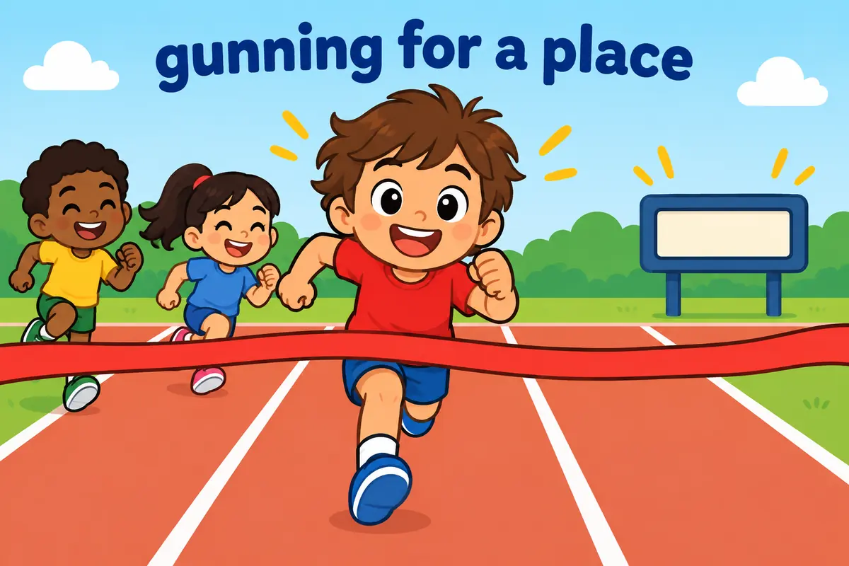 A cartoon runner charges toward a finish ribbon while a friend cheers, showing gunning for a prize as determined pursuit.
