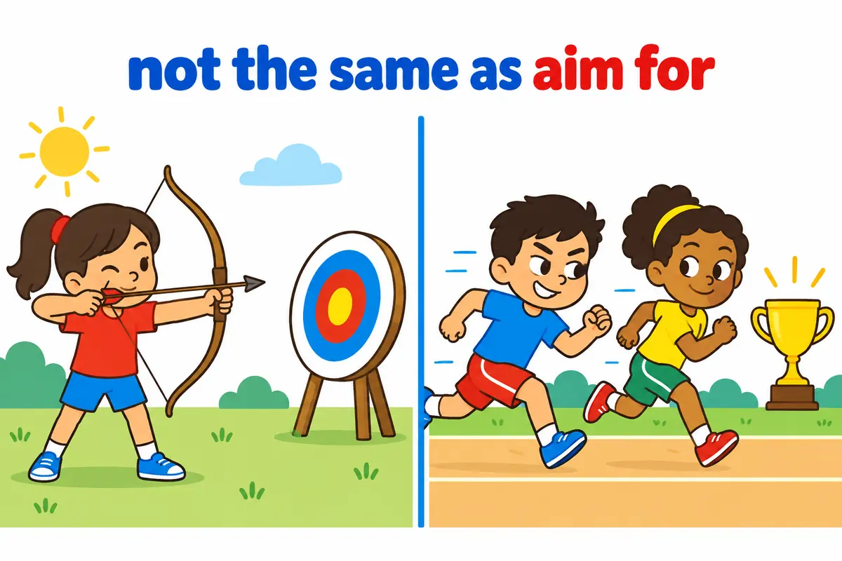 A cartoon split scene contrasts a child calmly aiming at a target with a child glaring while racing a rival to a prize.