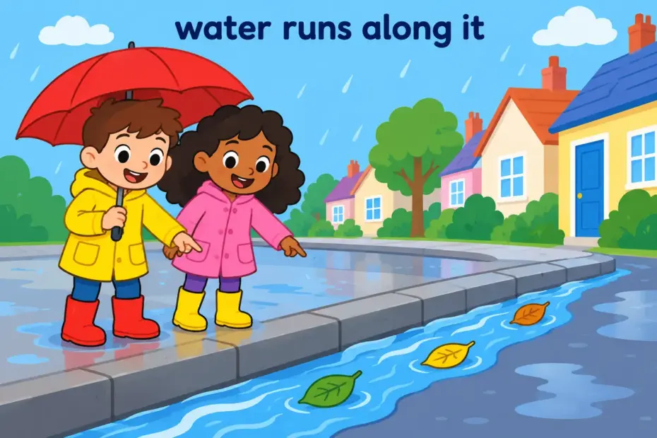 Cartoon children watch rainwater run along a gutter at a kerb, showing gutter in a sentence as an open drainage channel.