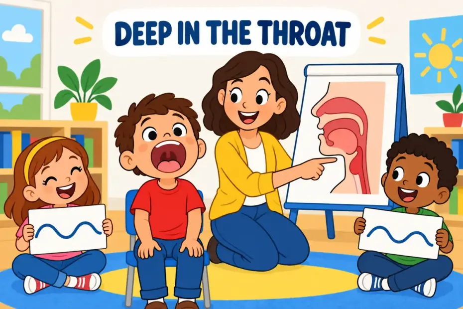Cartoon children watch a boy open his mouth wide as a sound wave rises from his throat, showing guttural in a sentence.