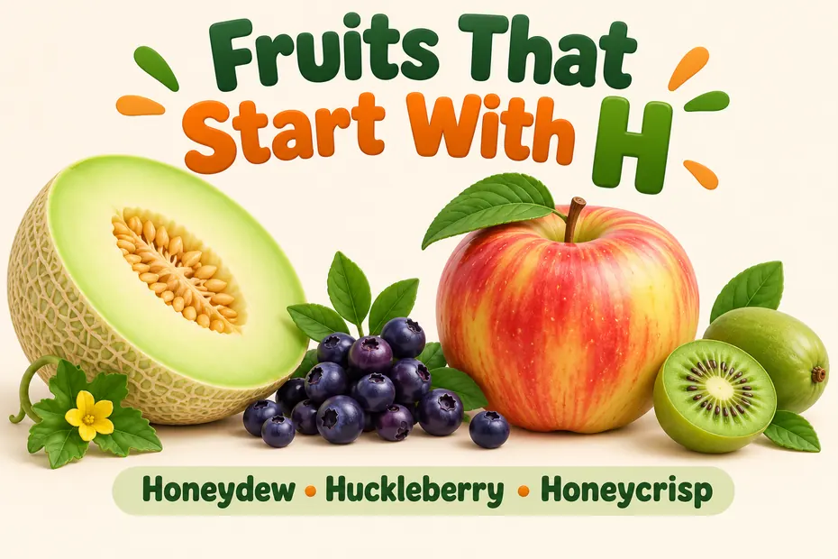 Fruits that start with H: honeydew, huckleberry, Honeycrisp, and hardy kiwi.