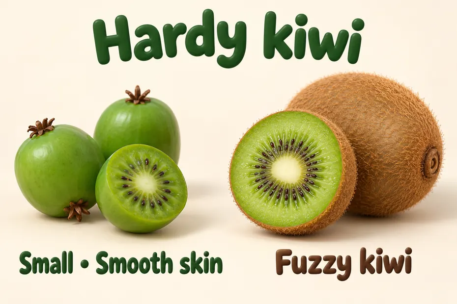 Hardy kiwi has small smooth-skinned fruit compared with fuzzy kiwi.