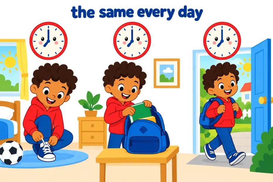 Cartoon children follow the same daily routine, tying shoes and walking to school together, showing habitual in a sentence as a habit.