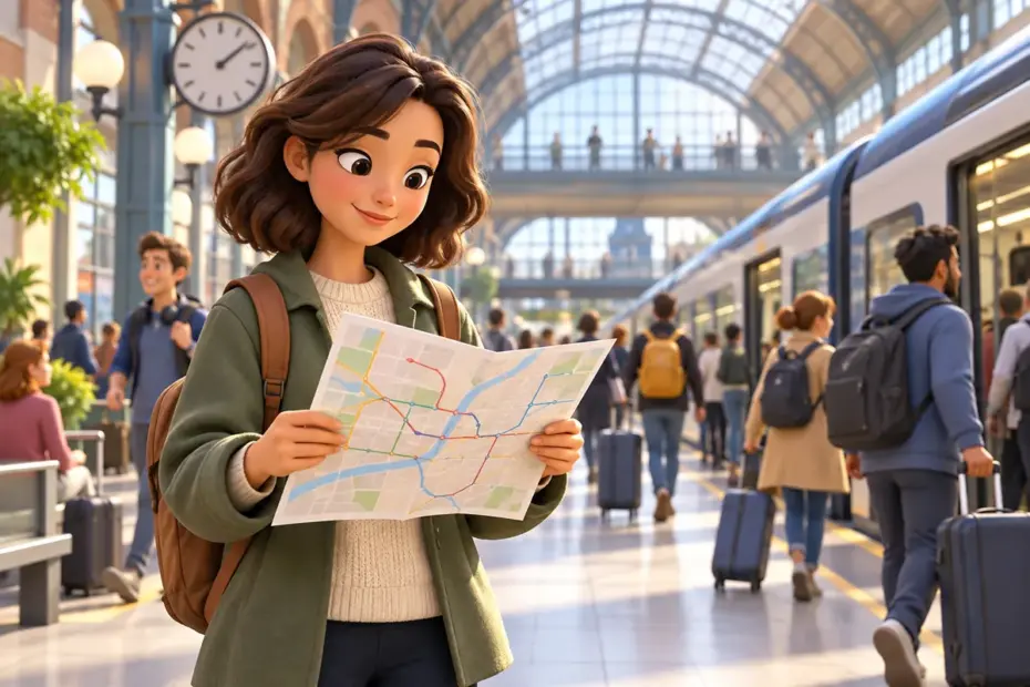 A commuter checks a route map in a busy station.