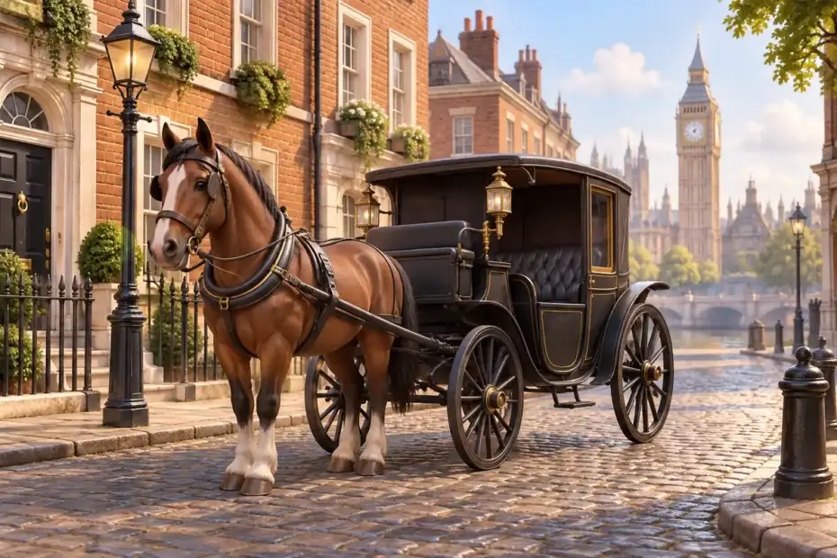 A horse-drawn carriage waits on a quiet historic London street.