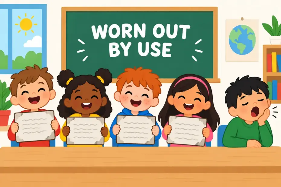 Cartoon children holding identical faded slogan boards, showing hackneyed in a sentence as an expression worn out by overuse.