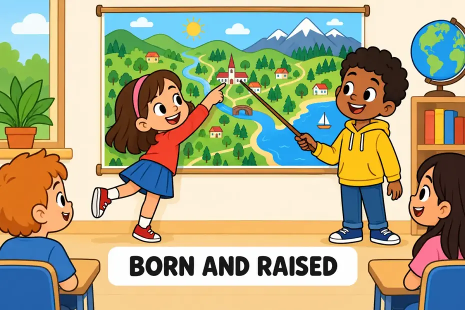 Cartoon child points to a home town on a large friendly wall map, illustrating hail from in a sentence as origin.