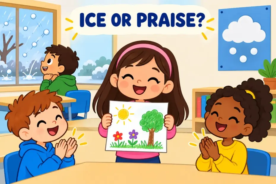 Cartoon children watch hail bounce off a window while others cheer a classmate, showing hail in a sentence as ice and praise.