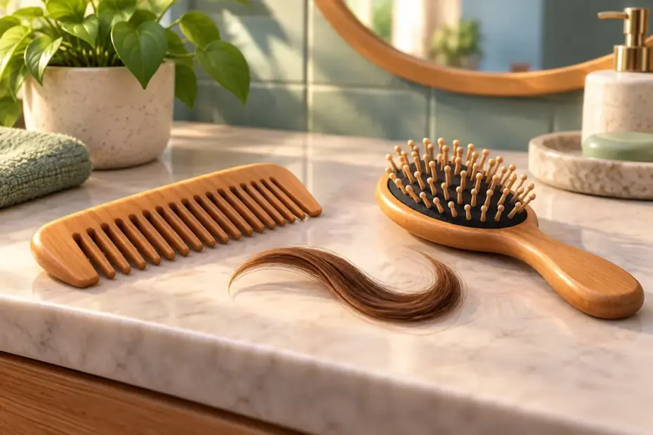 A comb and a brush rest beside a strand of hair.