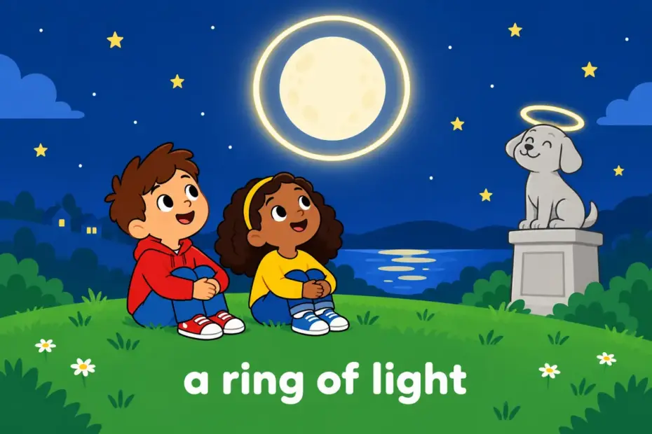 Cartoon children gaze at a bright halo drawn around the moon and around a friendly statue, showing halo in a sentence as a ring of light.